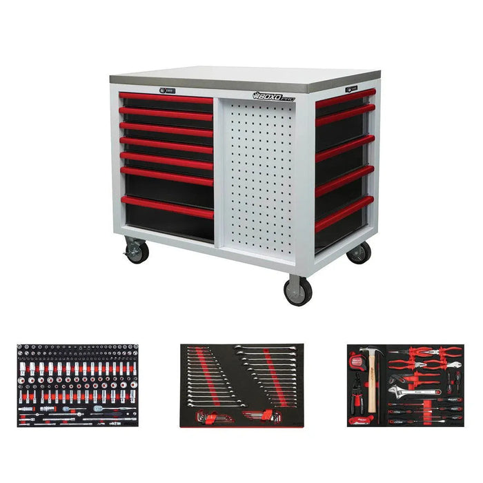 BoxoUSA Pro Series | 45” 12-Drawer Workstation Tool Box with 233-Piece Master Tool Set 45WSM-W-R
