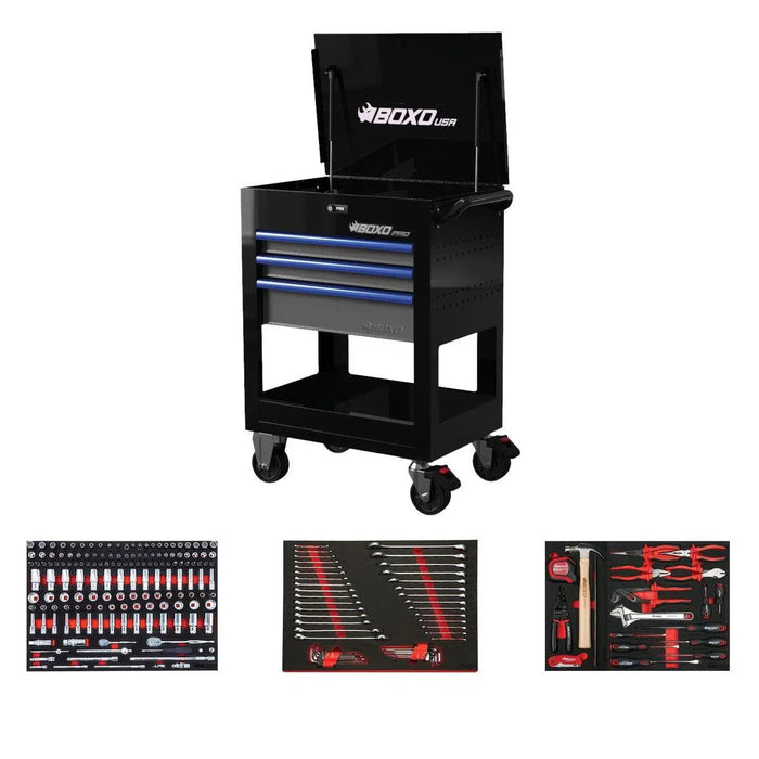 BoxoUSA Pro Series | 28" 3-Drawer Flip Top Service Cart Tool Box with 233-Piece Master Tool Set 28BM-BK-B