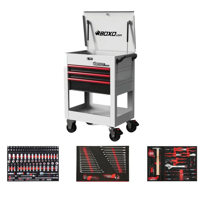 BoxoUSA Pro Series | 28" 3-Drawer Flip Top Service Cart Tool Box with 233-Piece Master Tool Set 28BM-W-R