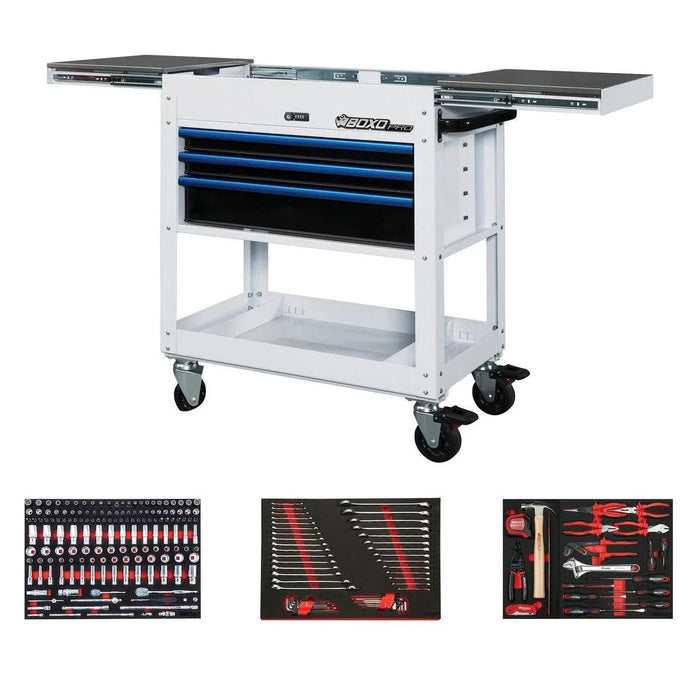 BoxoUSA Pro Series | 35" 3-Drawer Slide-Top Service Cart Tool Box with 233-Piece Master Tool Set 35SBM-W-B