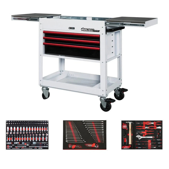 BoxoUSA Pro Series | 35" 3-Drawer Slide-Top Service Cart Tool Box with 233-Piece Master Tool Set 35SBM-W-R