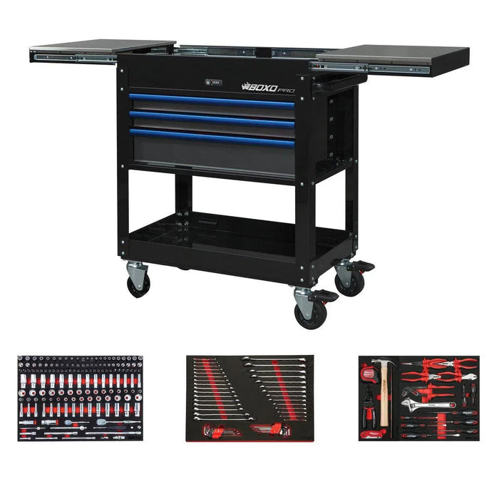BoxoUSA Pro Series | 35" 3-Drawer Slide-Top Service Cart Tool Box with 233-Piece Master Tool Set 35SBM-BK-B