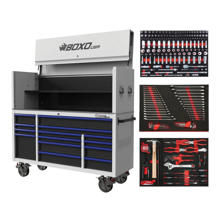 BoxoUSA Pro Series | 72" 14-Drawer Garage Top Rolling Tool Box with 233-Piece Master Tool Set 72TBM-W-B