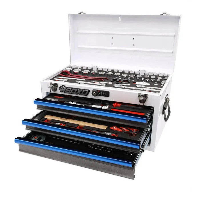 BoxoUSA MotoBox | 103-Piece Metric Motorcycle 3-Drawer Hand Carry Tool Box MOTOBX1-W-B