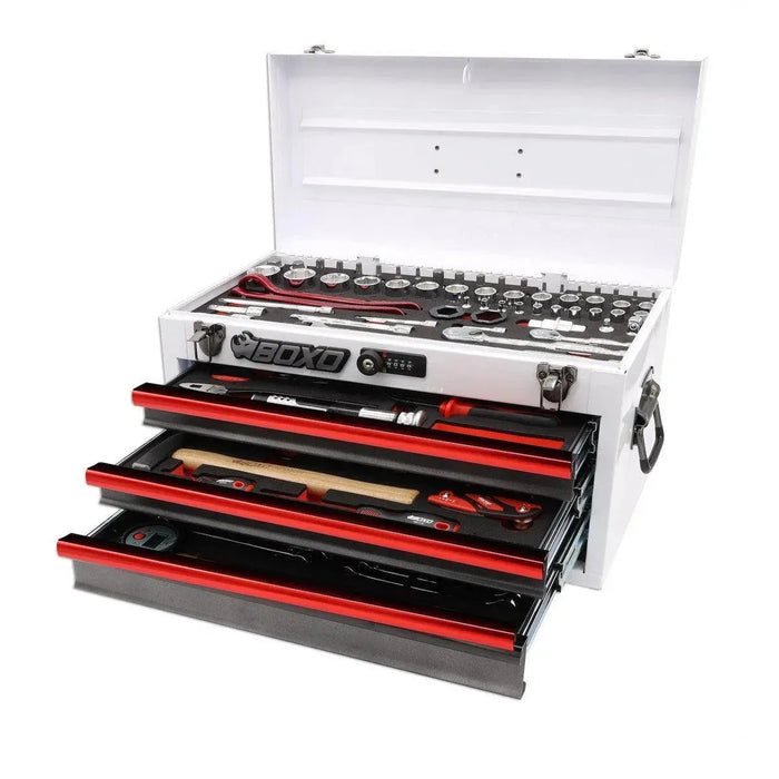 BoxoUSA MotoBox | 103-Piece Metric Motorcycle 3-Drawer Hand Carry Tool Box MOTOBX1-W-R