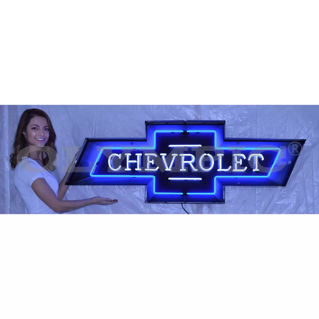 Model: O-9CHVBO / 5 Foot Chevrolet Bowtie Neon Garage Sign In Steel Can