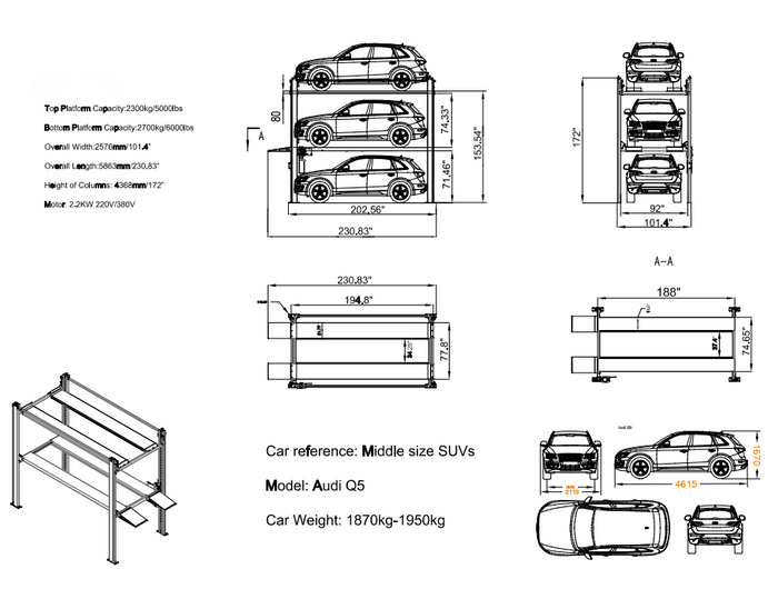 "The Triple Stacker- S" Three-Level 3-Car Storage Lift - Dual-Capacity 5,000 / 6,000 lb. Platforms | Standard Size | 10-Year Warranty | Free Shipping