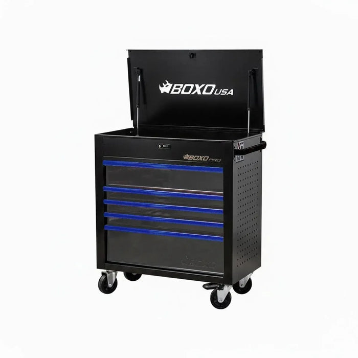 BoxoUSA Pro Series 35" | 5-Drawer Flip-Top Service Cart Tool Box UAS342051LM-BK-B