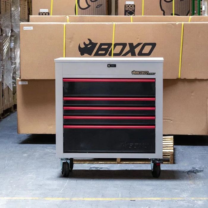 BoxoUSA Pro Series 35" | 5-Drawer Flip-Top Service Cart Tool Box UAS342051LM-W-R