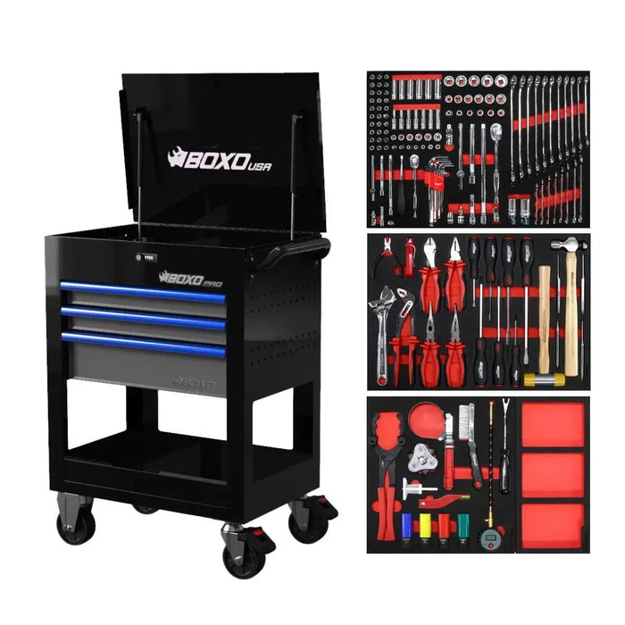 BoxoUSA Pro Series | 28" 3-Drawer Flip-Top Service Cart with 160-Piece Quick Service Master Tool Set 28BQS-BK-B