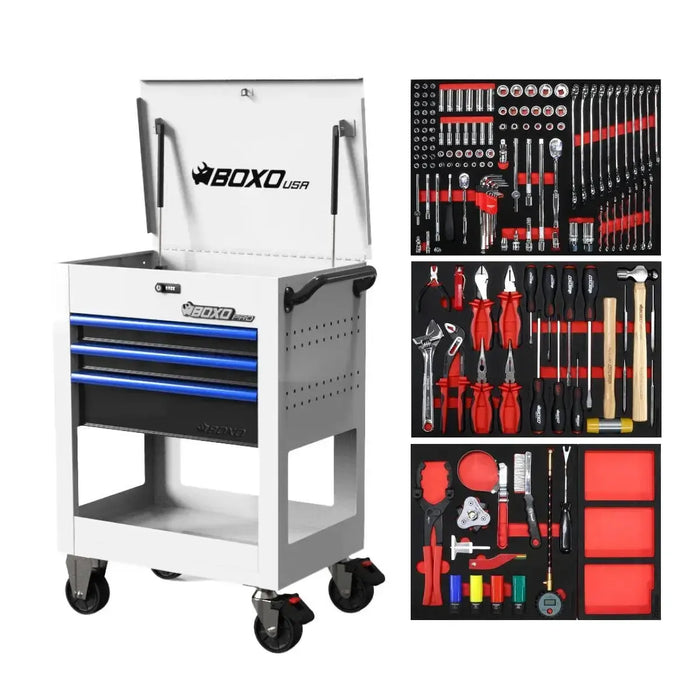 BoxoUSA Pro Series | 28" 3-Drawer Flip-Top Service Cart with 160-Piece Quick Service Master Tool Set 28BQS-W-B