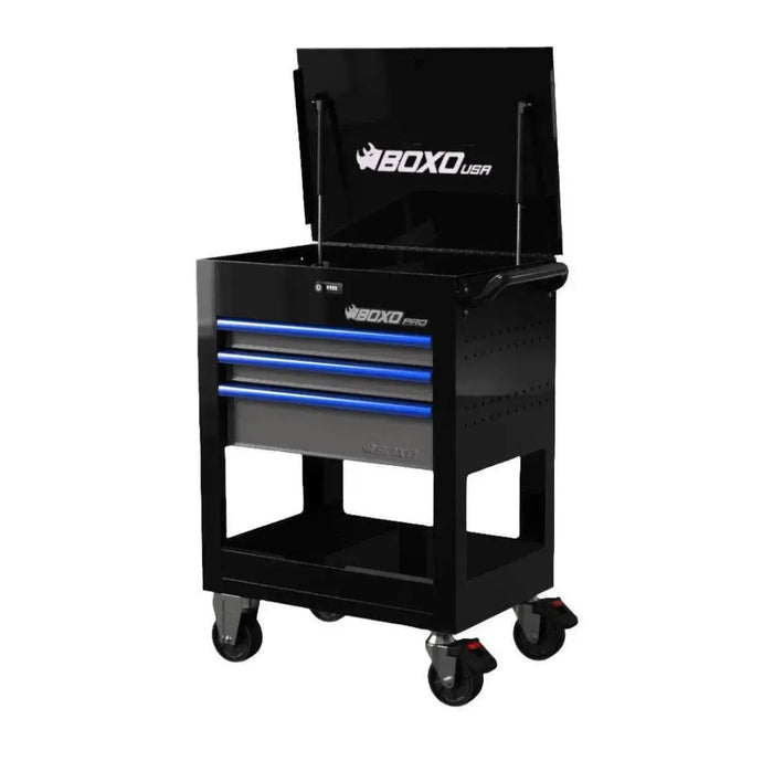 BoxoUSA Pro Series | 28" 3-Drawer Flip top Service Cart Tool Box UAS2603LM-BK-B