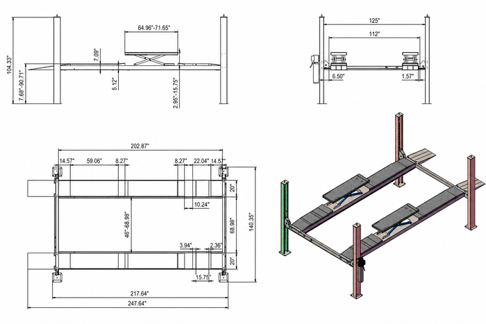 Model: Olympic 4PXLA-10 / “The Dually” Alignment lift with Built-in Scissor Jacks 10,000 lb. Maintenance & Storage Lift / Adjustable Width Runway / 84″ Storage Space / 125″ Between Posts / 229″ Platform Length / 10-Year Warranty / SHIPS FREE!