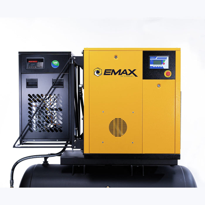 EMAX 7.5 HP 120-Gallon Rotary Screw Air Compressor — 460V 3-Phase, 29 CFM, Single-Stage, with 30 CFM Refrigerated Dryer & Swing-Arm Mount (ERVK070003-460)