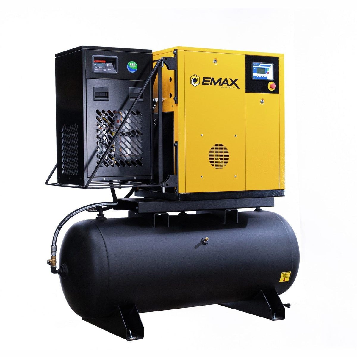 EMAX 7.5 HP 120-Gallon Rotary Screw Air Compressor — 460V 3-Phase, 29 CFM, Single-Stage, with 30 CFM Refrigerated Dryer & Swing-Arm Mount (ERVK070003-460)