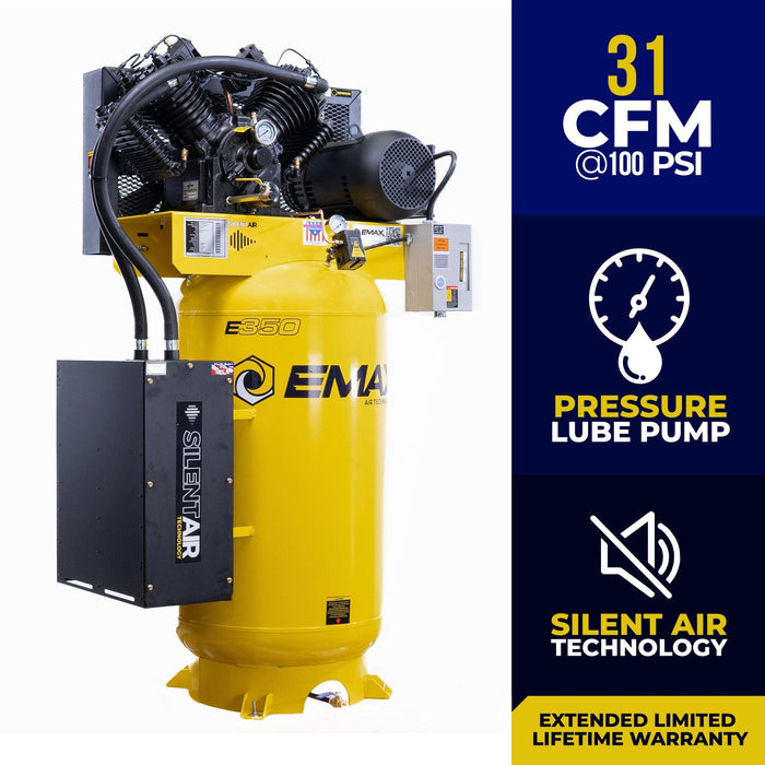 EMAX Silent Air Industrial 7.5 HP 80-Gallon 2-Stage Single-Phase Vertical Air Compressor – 31 CFM, Pressure-Lubricated Pump (ES07V080V1)
