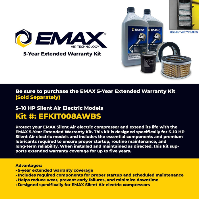 EMAX Silent Air Industrial 7.5 HP 80-Gallon 2-Stage Single-Phase Vertical Air Compressor – 31 CFM, Pressure-Lubricated Pump (ES07V080V1)