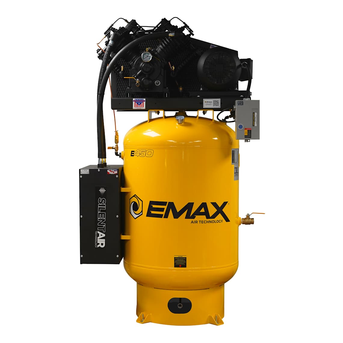 EMAX Silent Air Industrial 10 HP 120-Gallon 2-Stage Vertical Piston Air Compressor — 460V 3-Phase, 38 CFM, Pressure-Lubricated (ESPR10V120V3-460)