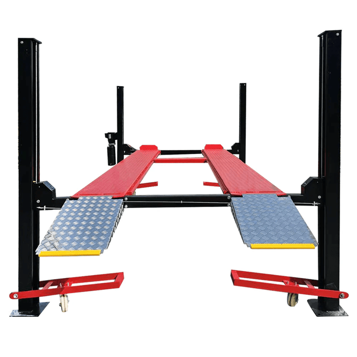 Katool 4H950 9,500lbs Heavy Duty 4 Post Parking Car lift with red beams and blue platforms on a white background
