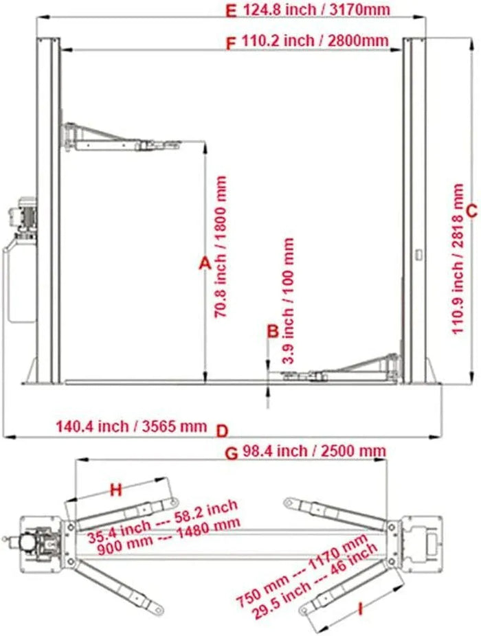 katool h115z two post lift dimensions diagram