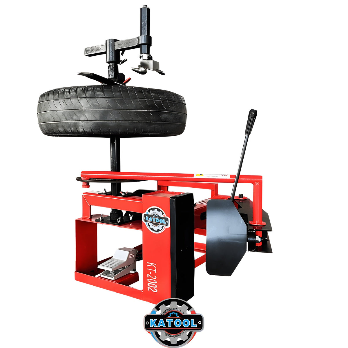 Katool KT-2002 tire changer with tire mounted on the spindle and bead breaker lever