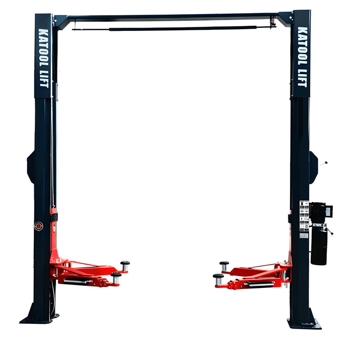 Katool KT-AS110D asymmetric two-post lift with KATOOL LIFT columns and overhead bar