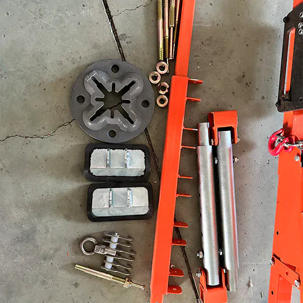 Katool KT-CL150 included accessories: star base plate, rubber clamp blocks, eye-bolts, threaded rods, side rail with pin holes