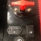 Operator console on the Katool KT-EX20 mini excavator with battery disconnect, hour meter, and headlight switch