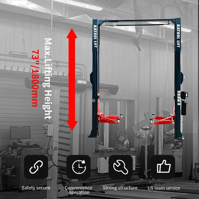 Katool KT-M140XD shown in workshop with 73-inch maximum lifting height callout
