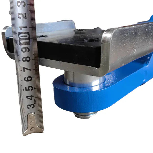 Katool KT-MP5 frame cradle installed on two-post lift arm with measurement reference