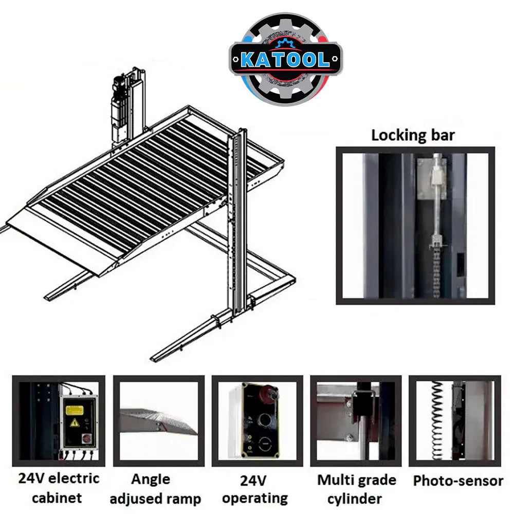 Katool KT-P2700 feature callouts: locking bar, 24V control cabinet, angle-adjusted ramp, multi-grade cylinder, photo-sensor