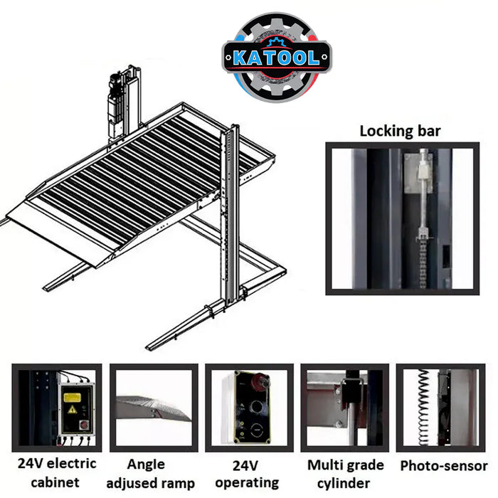 Katool KT-P2700 feature callouts: locking bar, 24V control cabinet, angle-adjusted ramp, multi-grade cylinder, photo-sensor