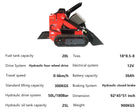 Katool KT-SK26B specifications grid: 20 L fuel tank, hydraulic four-wheel drive, 0 to 6 km/h travel speed, 12V/36 Ah electrical