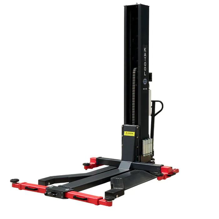 Katool KT-SPL700 single post lift angled view with arms folded over the diamond-plate platform.