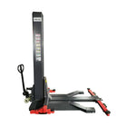 Katool KT-SPL700 single post lift side profile showing pump handle, caster wheel, and extended lifting arms.