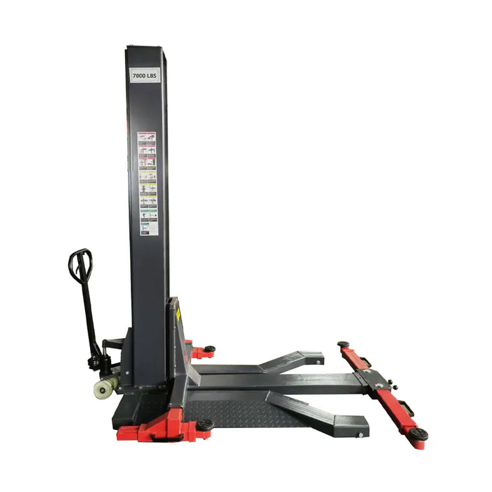 Katool KT-SPL700 single post lift side profile showing pump handle, caster wheel, and extended lifting arms.