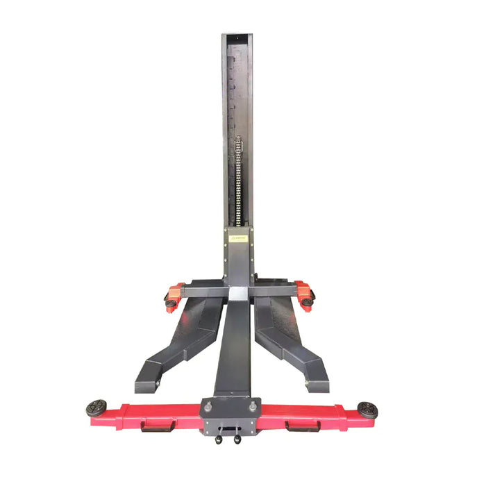 Katool KT-SPL700 single post lift front view showing column profile, base, and red lifting arms.
