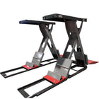 Katool KT-X99 scissor lift front-angle view, dual platforms with red approach ramps