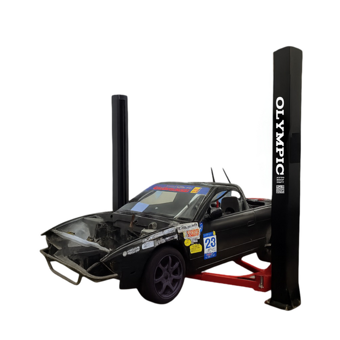 Model: Olympic 2PBP-12 / 12,000‐lb. Base Plate 2-Post Lift / Single Point Lock Release / 3-Stage Arms / 3-Stage Foot Pads / 115″ H X 153″ W 10-Year Warranty / SHIPS FREE!